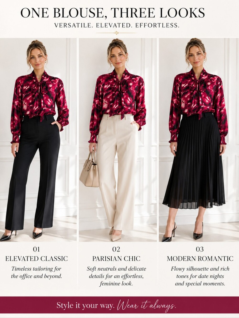 Eva Longoria Floral Tie Neck Blouse | XL | Burgundy Pink Long Sleeve Career Top - Picture 3 of 8